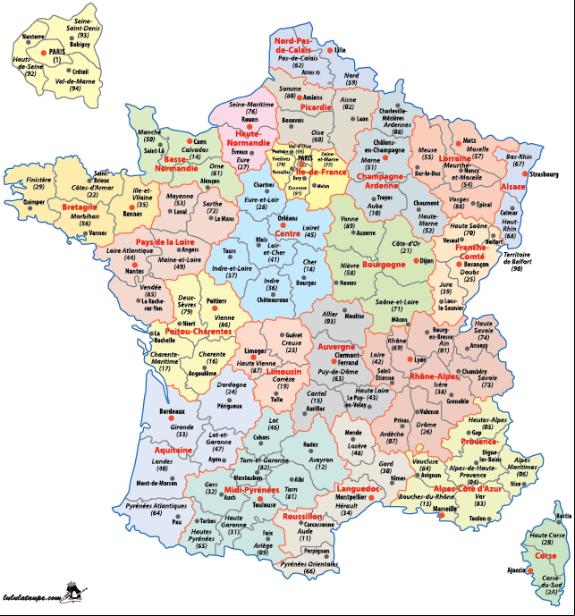 Carte de  à imprimer, départements, préfectures, régions