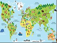 Carte du monde, animaux, monuments et enfants de différentes nationalités
