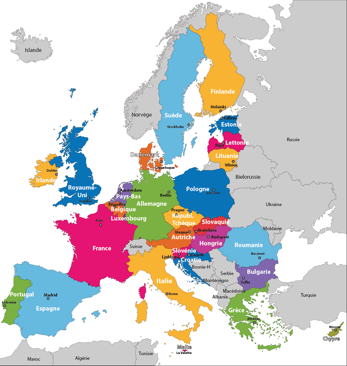 Carte de l'Europe à imprimer, les pays, les capitales