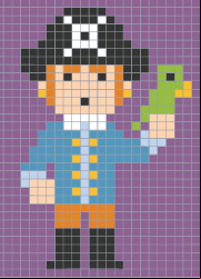Coloriage codé sur grille, un pirate et son perroquet