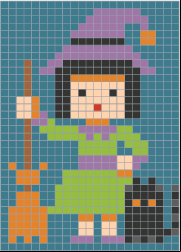 Coloriage codé sur grille, une sorcière