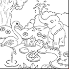Coloriage animaux au bord de l'eau, éléphant, flamant rose