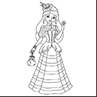 Coloriage à imprimer, une princesse en robe longue, chapeau et bourse