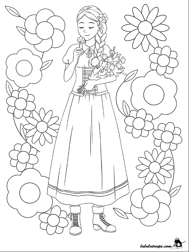 Dessin gratuit à colorier : une fille entourée de fleurs
