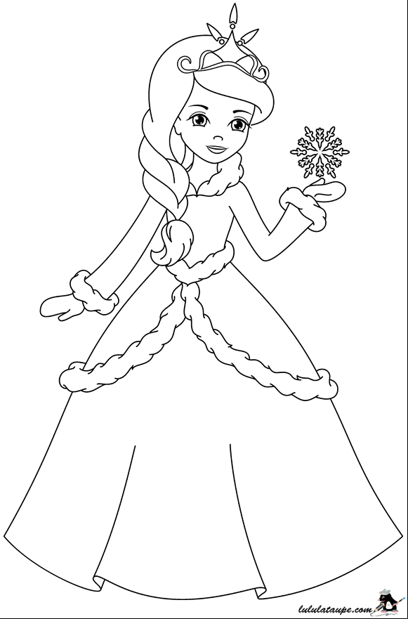 Dessin à colorier, une princesse avec vêtements d'hiver