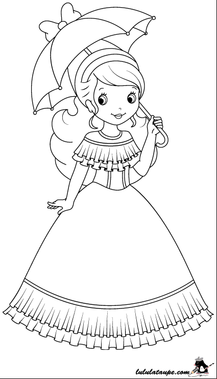 Dessin à colorier, une princesse avec ombrelle