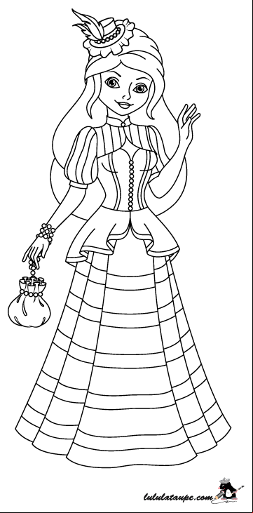 Dessin gratuit à colorier : une princesse vêtue d'une robe longue et chapeau