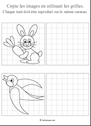 Apprendre à dessiner un lapin et un oiseau sur quadrillage