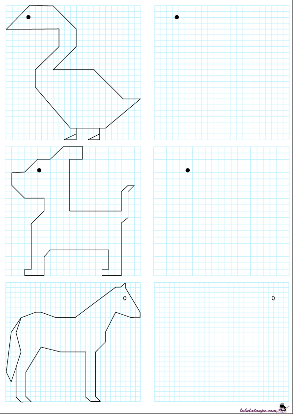 Reproduire une dessin sur un quadrillage, un cheval, un chien, une oie