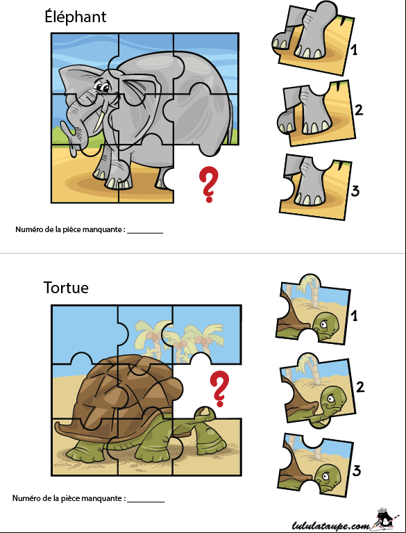 Jeu de puzzle à imprimer, un éléphant, une tortue
