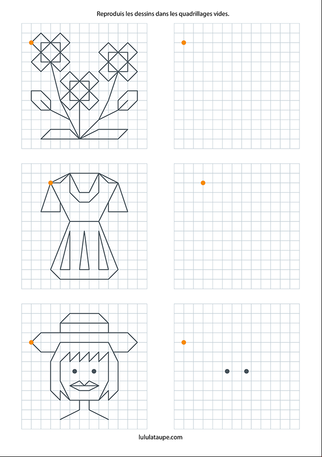 Reproduire une dessin sur un quadrillage, un bouquet de fleurs, une robe et un visage de fille