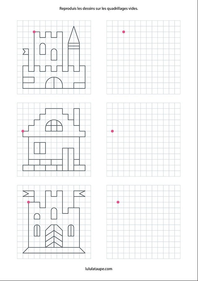 Reproduire une dessin sur un quadrillage, chateaux et maisons