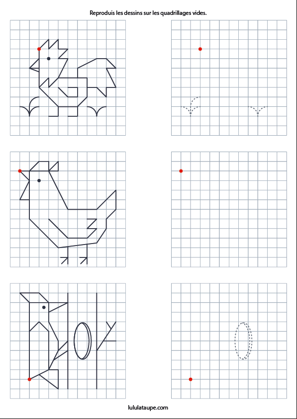 Reproduire un dessin sur un quadrillage en maternelle ou , un coq, une poule et un pivert