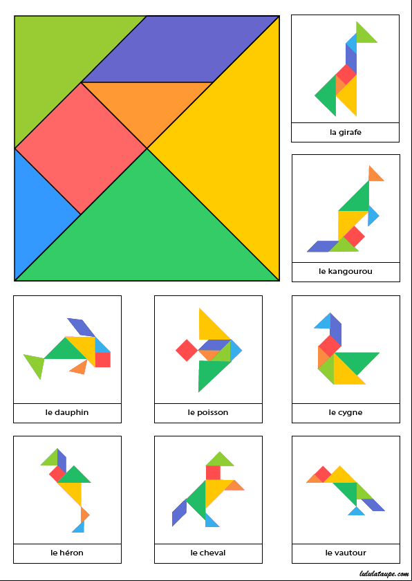 Tangram à imprimer et découper avec 8 modèles d'animaux