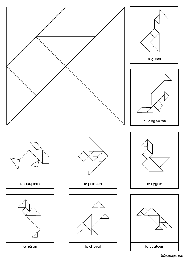 Tangram à imprimer et découper avec 8 modèles d'animaux en noir et blanc