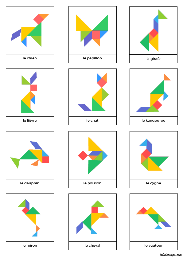 Page de modèles d'animaux à réaliser pour jeu Tangram