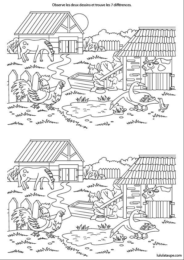 Jeu gratuit des 7 différences à imprimer avec solutions, la ferme et les animaux