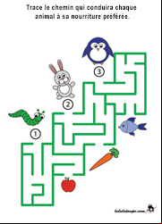 Jeu de labyrinthe gratuit à imprimer, les animaux et leur nourriture