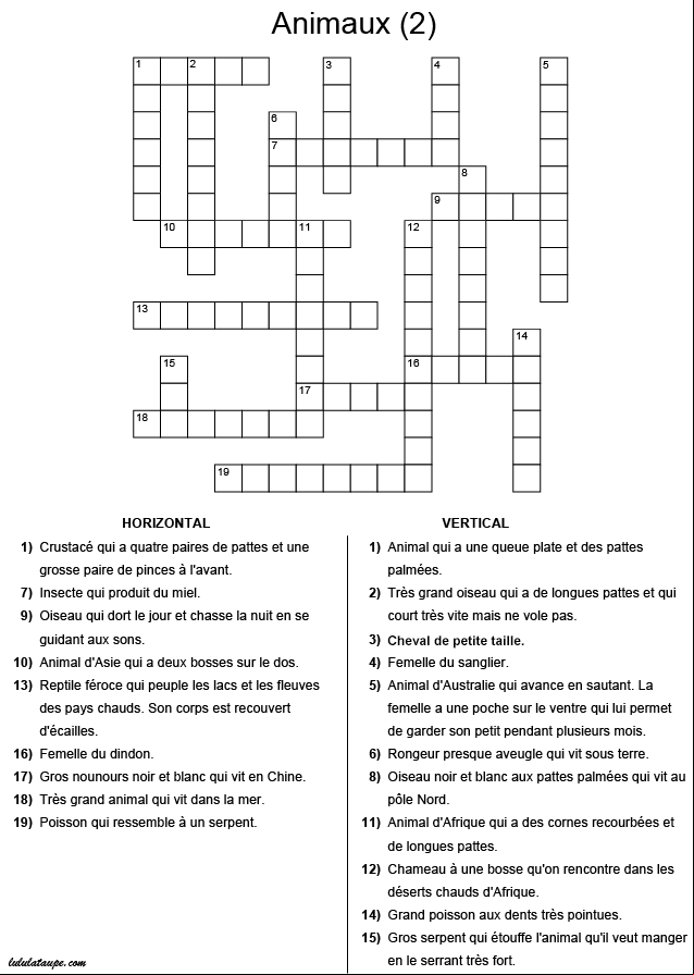 Mots croisés gratuits pour enfants vocabulaire les animaux