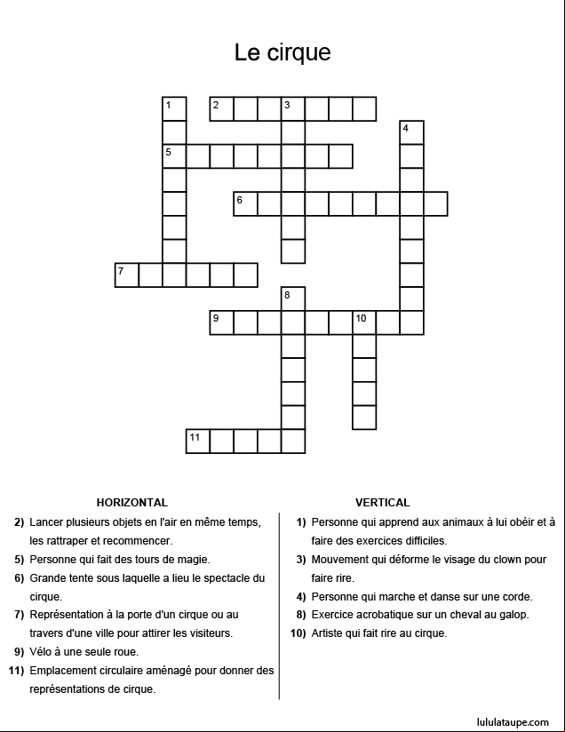 Mots croisés pour enfants, le cirque