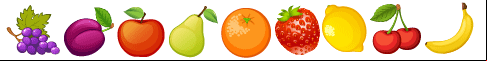Les fruits, pomme, poire, fraise, prune, citron, fraise, cerises, raisin et orange.